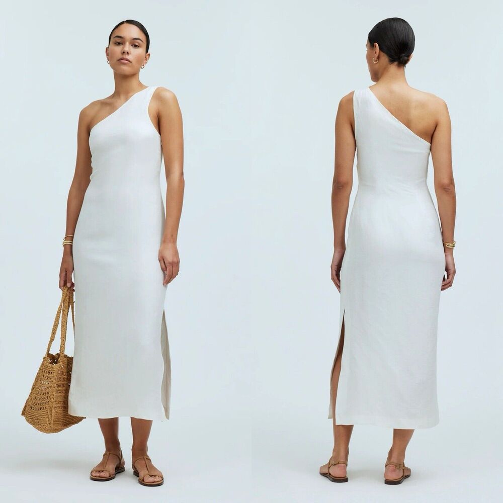 Madewell One Shoulder Midi Dress Lighthouse Sz 00 Linen Ivory Bridal Party NQ624